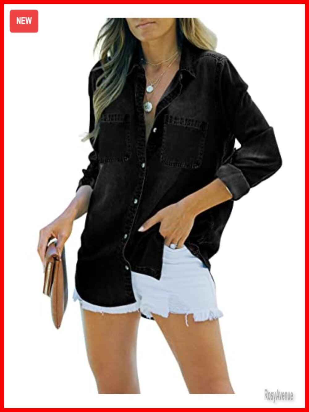 Long Sleeve Button Down Denim Shirt V-Neck Loose Fit Summer Shacket